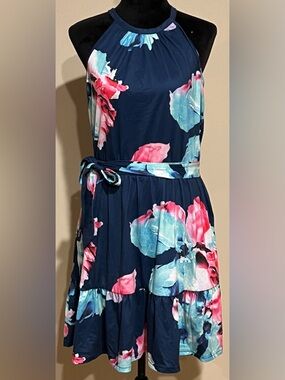 Navy Floral Tie-Waist Sundress with Pink & Aqua Blooms